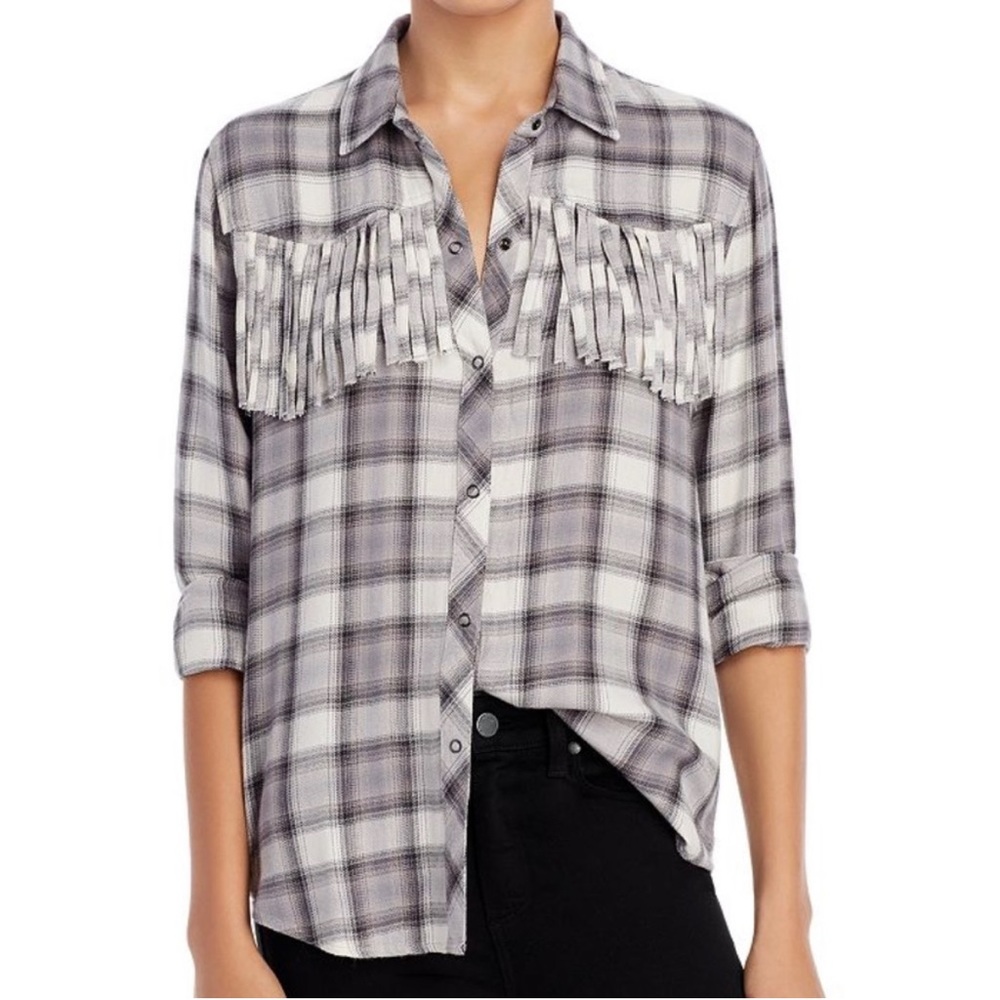 Rails Dolly Plaid Fringe Trim Button up Top gray white size XS